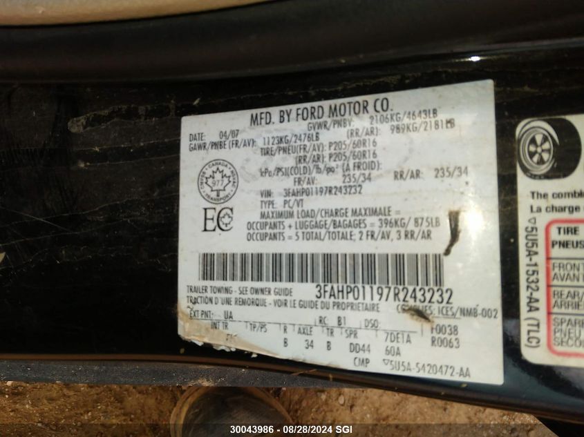 2007 Ford Fusion Se VIN: 3FAHP01197R243232 Lot: 30043986