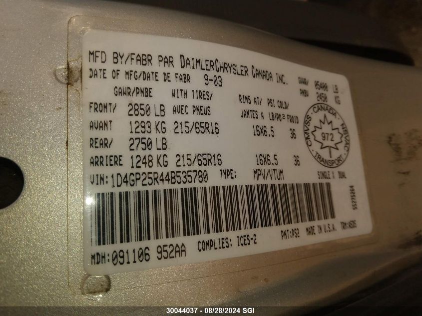 2004 Dodge Caravan Se VIN: 1D4GP25R44B535780 Lot: 30044037