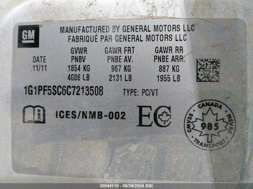 2012 Chevrolet Cruze Lt VIN: 1G1PF5SC6C7213508 Lot: 30044110