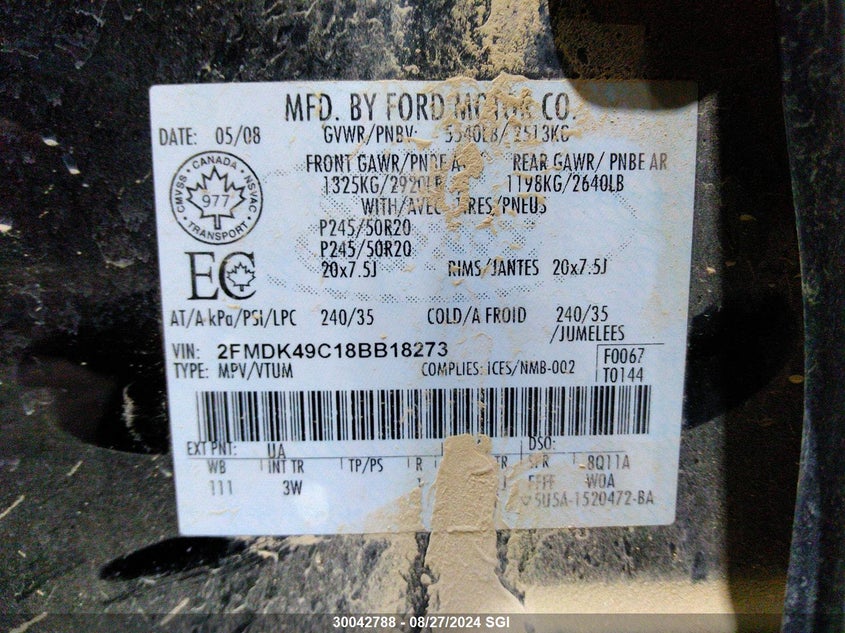 2008 Ford Edge Limited VIN: 2FMDK49C18BB18273 Lot: 30042788
