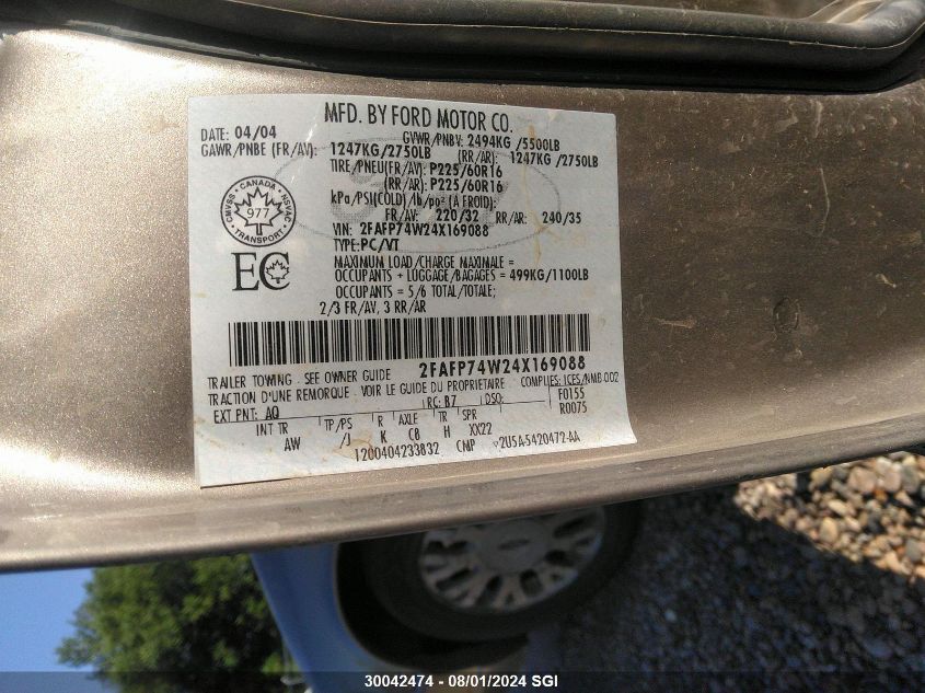 2004 Ford Crown Victoria Lx VIN: 2FAFP74W24X169088 Lot: 30042474