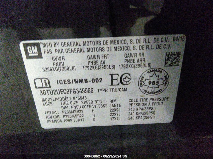 2015 GMC Sierra K1500 Sle VIN: 3GTU2UEC8FG349966 Lot: 30043862