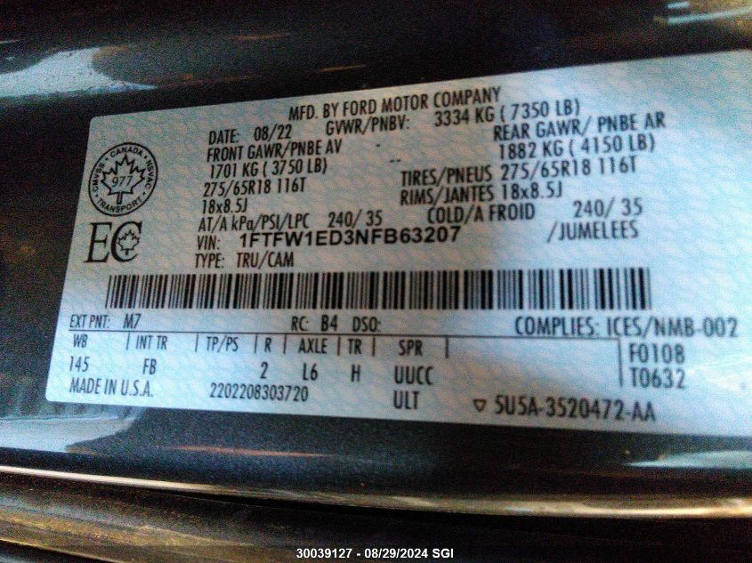 2022 Ford F150 Supercrew VIN: 1FTFW1ED3NFB63207 Lot: 30039127