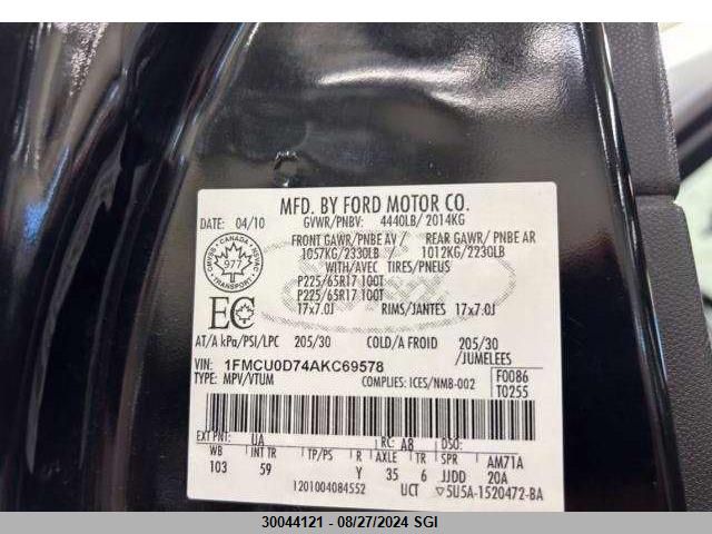 2010 Ford Escape Xlt VIN: 1FMCU0D74AKC69578 Lot: 30044121