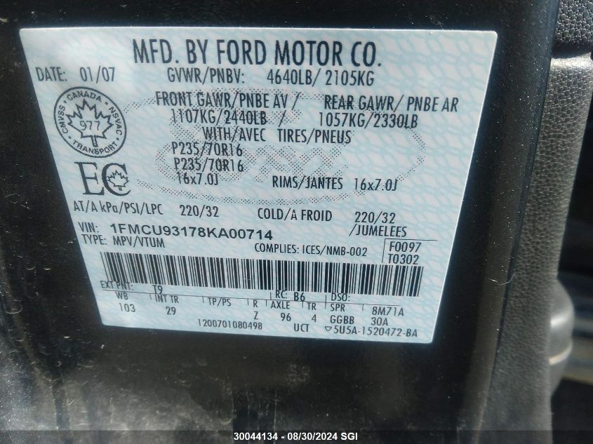 2008 Ford Escape Xlt VIN: 1FMCU93178KA00714 Lot: 30044134