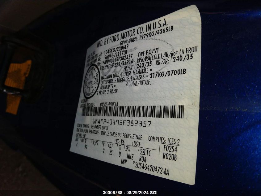 2003 Ford Mustang VIN: 1FAFP40493F382357 Lot: 30006768