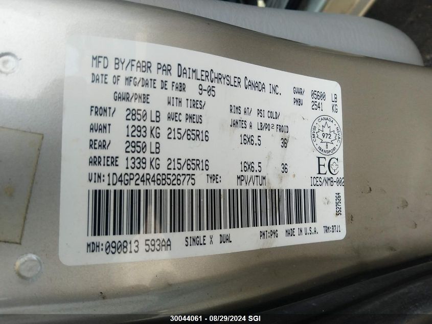 2006 Dodge Grand Caravan Se VIN: 1D4GP24R46B526775 Lot: 30044061