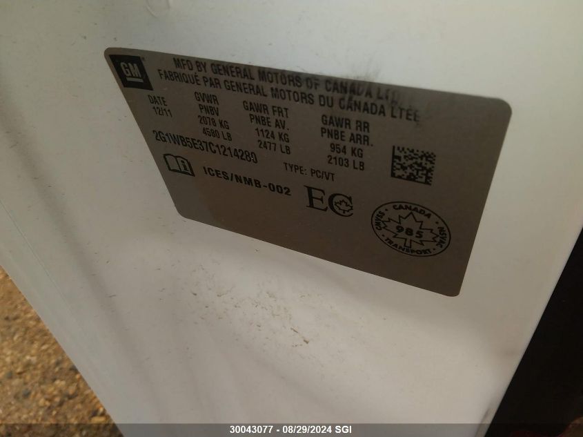 2012 Chevrolet Impala Lt VIN: 2G1WB5E37C1214280 Lot: 30043077