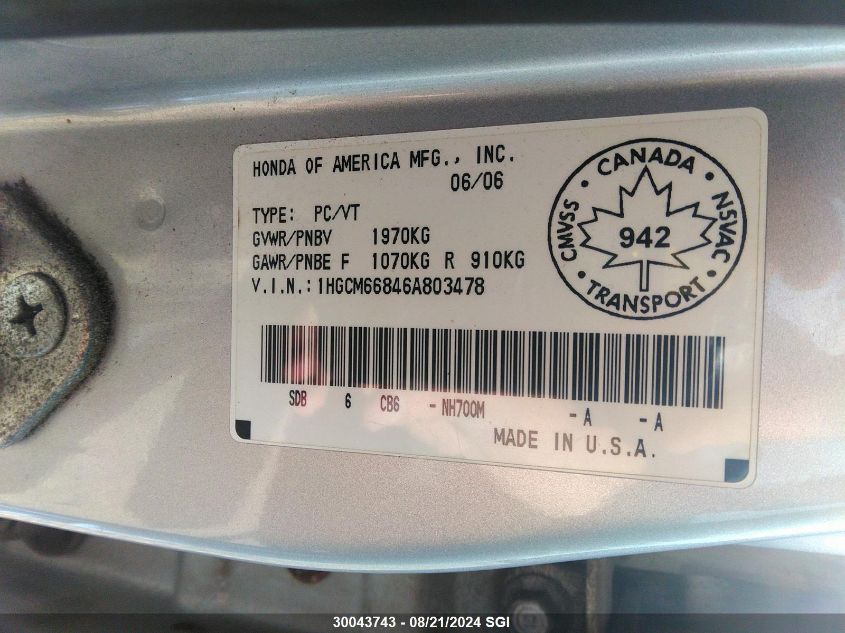 2006 Honda Accord Ex VIN: 1HGCM66846A803478 Lot: 30043743