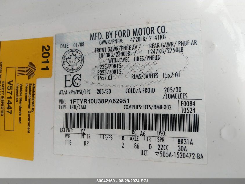 2008 Ford Ranger VIN: 1FTYR10U38PA62951 Lot: 30042169