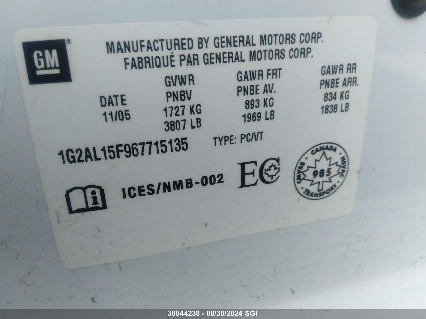 2006 Pontiac Pursuit Se VIN: 1G2AL15F967715135 Lot: 30044238