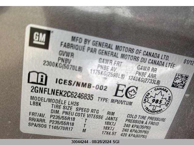 2012 Chevrolet Equinox Lt VIN: 2GNFLNEK2C6246835 Lot: 30044244