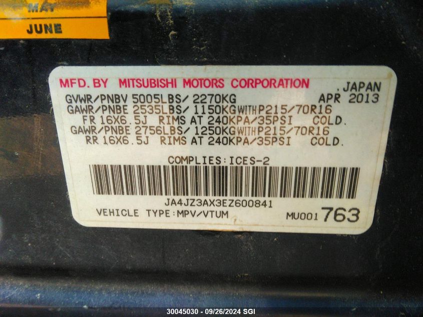 2014 Mitsubishi Outlander Se VIN: JA4JZ3AX3EZ600841 Lot: 30045030