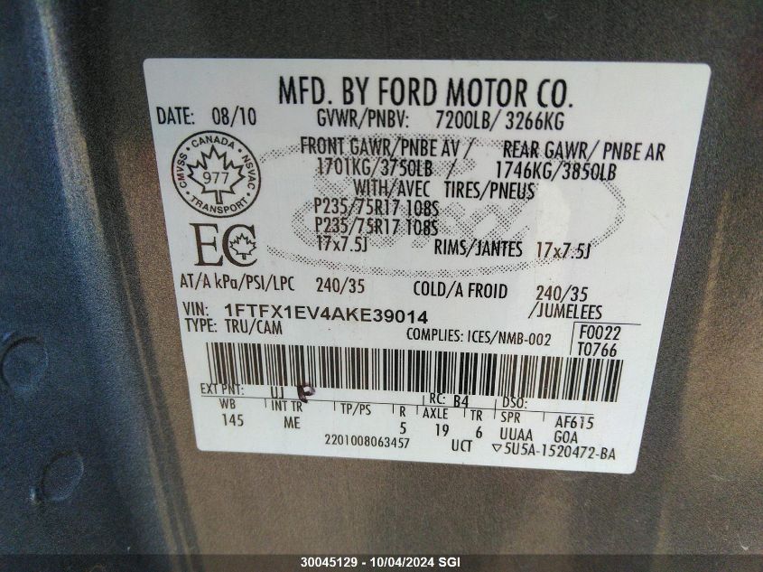 1FTFX1EV4AKE39014 2010 Ford F150 Super Cab