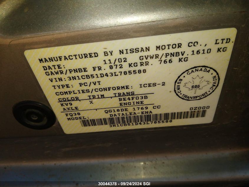 2003 Nissan Sentra Xe/Gxe VIN: 3N1CB51D43L785588 Lot: 30044378