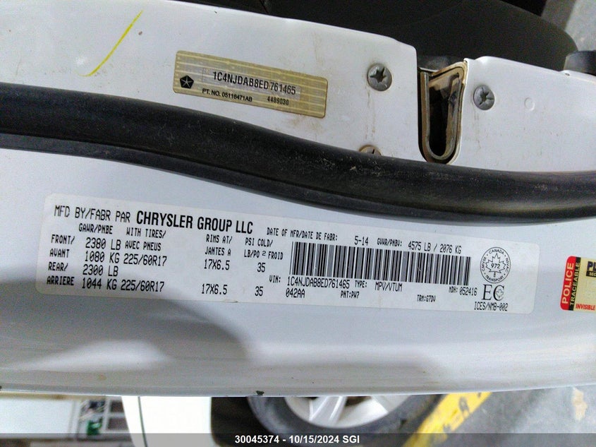 2014 Jeep Compass Sport VIN: 1C4NJDAB8ED761465 Lot: 30045374