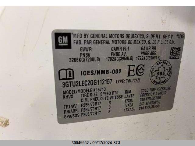 2016 GMC Sierra K1500 VIN: 3GTU2LEC2GG112157 Lot: 30045552