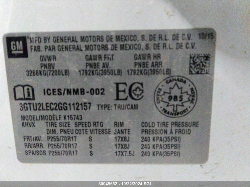 2016 GMC Sierra K1500 VIN: 3GTU2LEC2GG112157 Lot: 30045552
