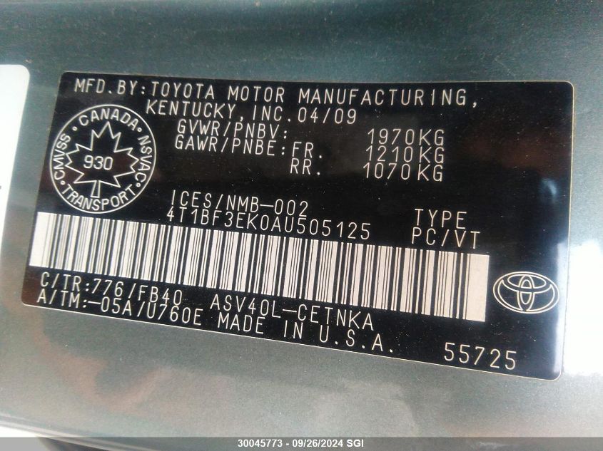 2010 Toyota Camry Se/Le/Xle VIN: 4T1BF3EK0AU505125 Lot: 30045773