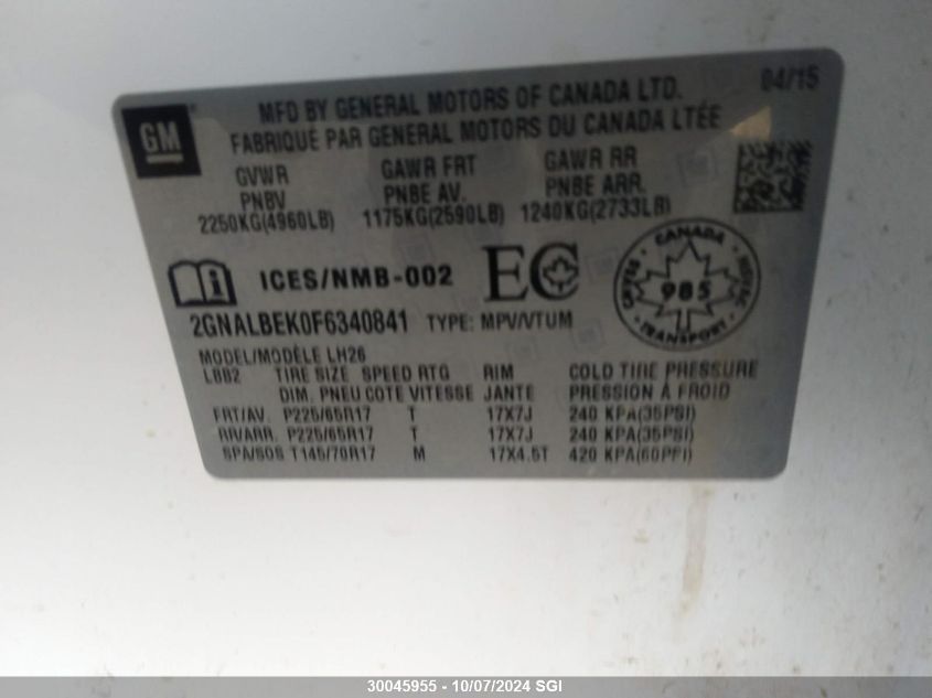 2GNALBEK0F6340841 2015 Chevrolet Equinox Lt