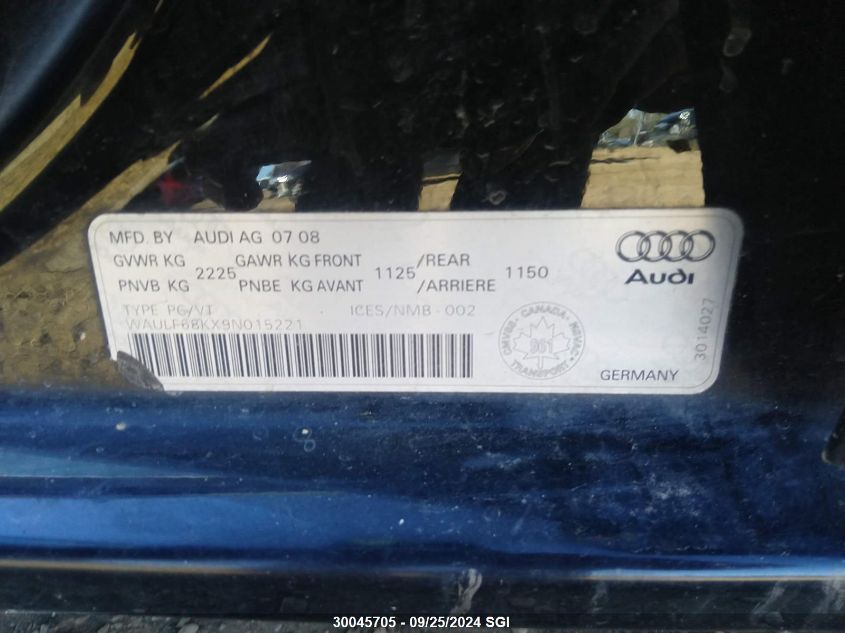 2009 Audi A4 2.0T Quattro VIN: WAULF68KX9N015221 Lot: 30045705