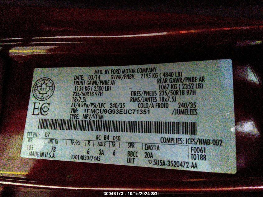 2014 Ford Escape Se VIN: 1FMCU9G93EUC71351 Lot: 30046173