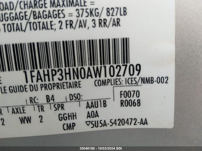 1FAHP3HN0AW102709 2010 Ford Focus Sel