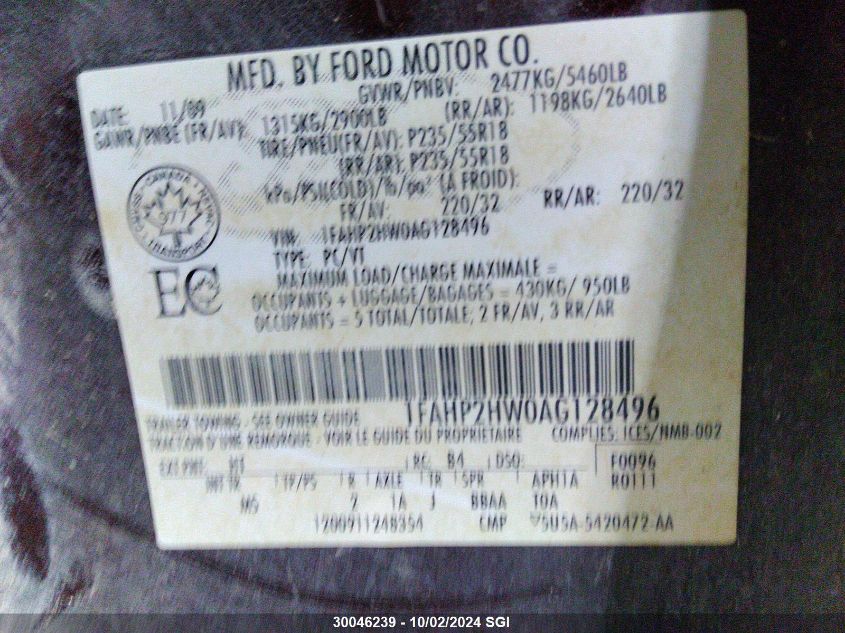 1FAHP2HW0AG128496 2010 Ford Taurus Sel