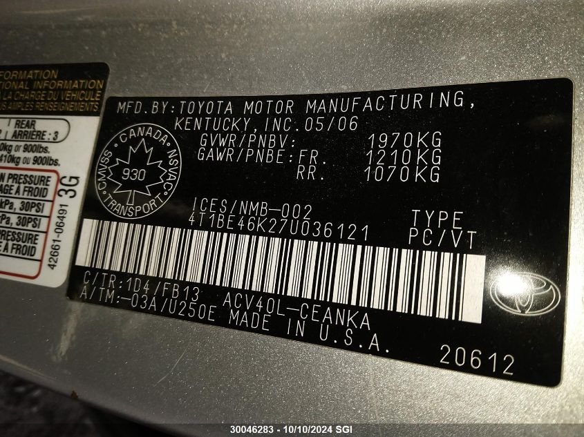 4T1BE46K27U036121 2007 Toyota Camry Ce/Le/Xle/Se