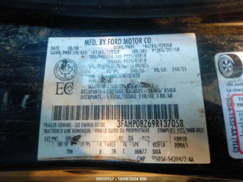 3FAHP08Z69R137058 2009 Ford Fusion Sel