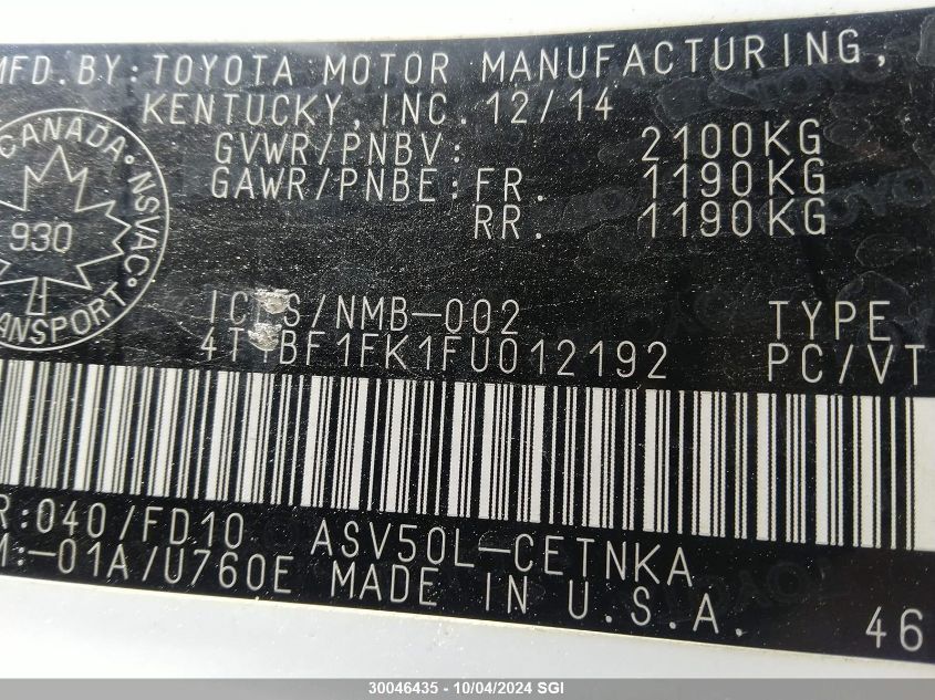 4T1BF1FK1FU012192 2015 Toyota Camry Le/Xle/Se/Xse