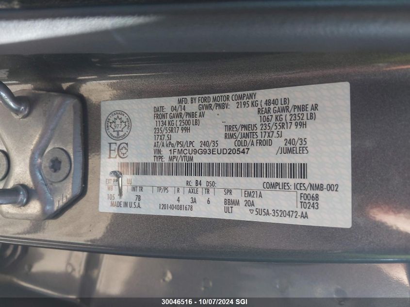 1FMCU9G93EUD20547 2014 Ford Escape Se