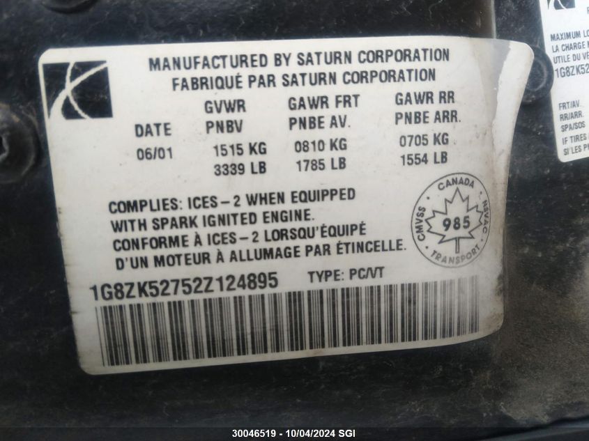 1G8ZK52752Z124895 2002 Saturn Sl2