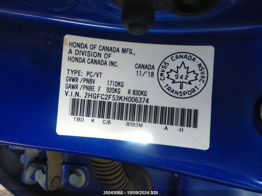 2HGFC2F53KH006374 2019 Honda Civic Lx