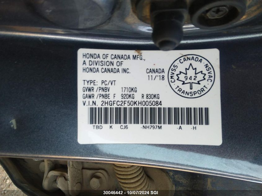 2HGFC2F50KH005084 2019 Honda Civic Lx