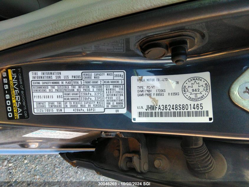 JHMFA36248S801465 2008 Honda Civic Hybrid