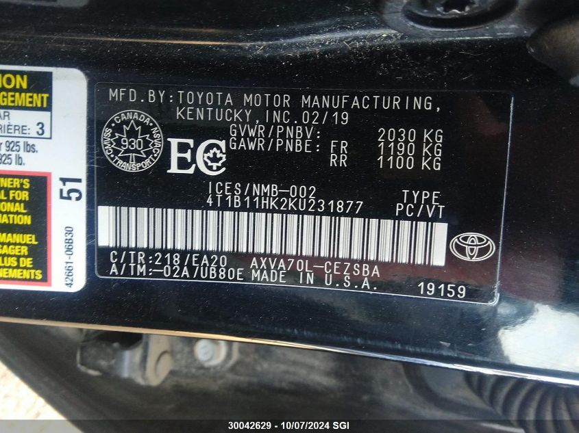 4T1B11HK2KU231877 2019 Toyota Camry L/Le/Xle/Se/Xse