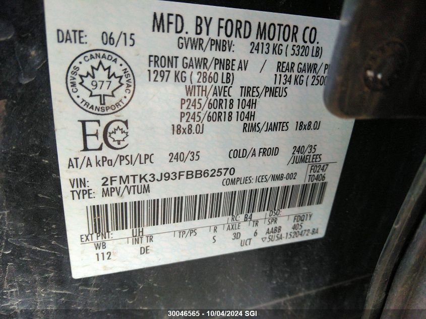 2FMTK3J93FBB62570 2015 Ford Edge Sel