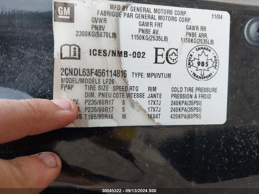 2CNDL63F456114816 2005 Chevrolet Equinox Lt