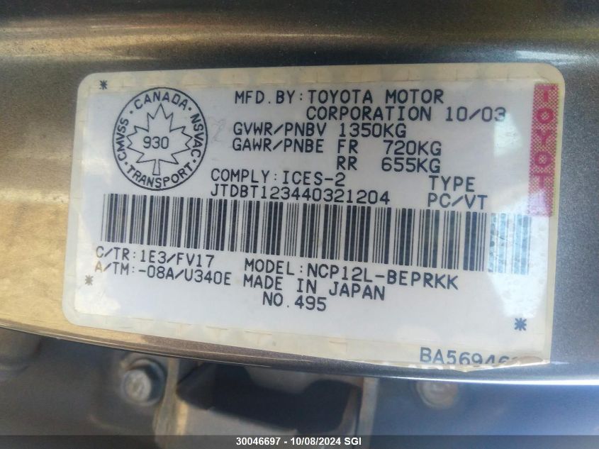 JTDBT123440321204 2004 Toyota Echo