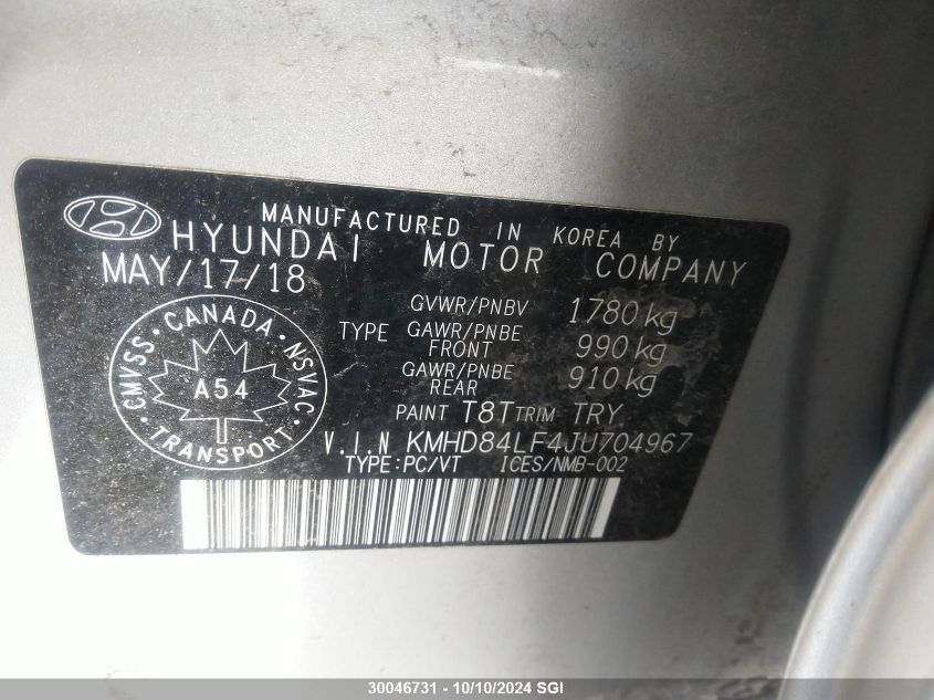 KMHD84LF4JU704967 2018 Hyundai Elantra Sel/Value/Limited