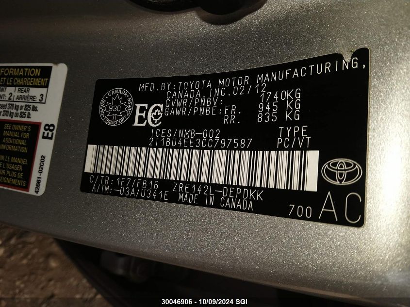 2T1BU4EE3CC797587 2012 Toyota Corolla S/Le