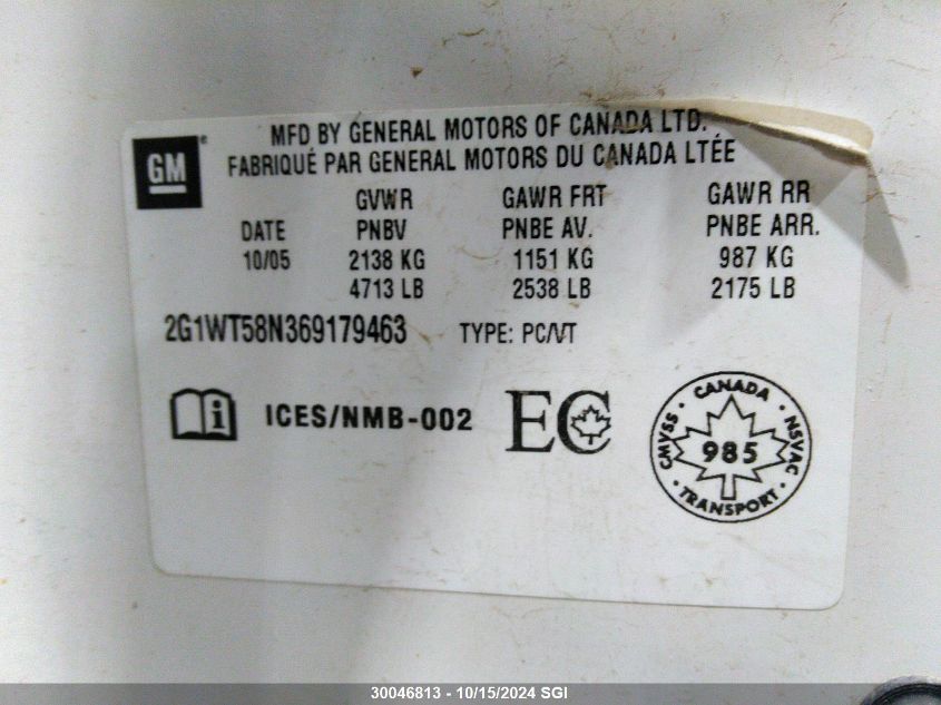 2006 Chevrolet Impala Lt VIN: 2G1WT58N369179463 Lot: 30046813