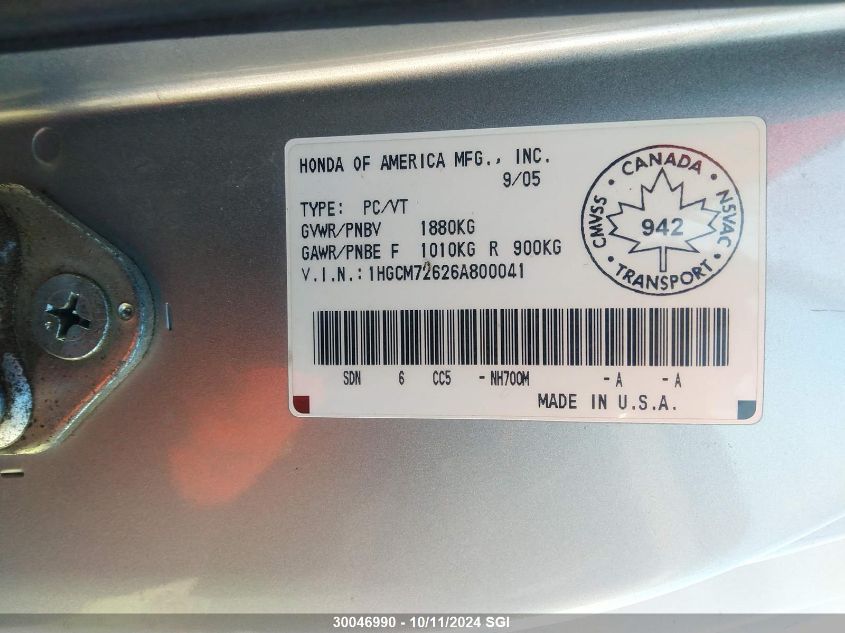 1HGCM72626A800041 2006 Honda Accord Ex