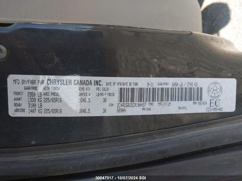 2C4RDGBG5CR100457 2012 Dodge Grand Caravan Se/Sxt