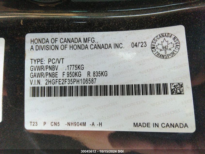 2023 Honda Civic Ex VIN: 2HGFE2F35PH106587 Lot: 30045612