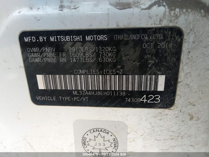 2014 Mitsubishi Mirage Es VIN: ML32A4HJ8EH011138 Lot: 30046478