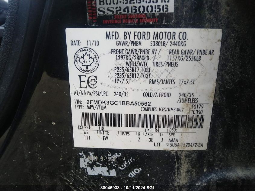 2011 Ford Edge Se VIN: 2FMDK3GC1BBA50562 Lot: 30046933