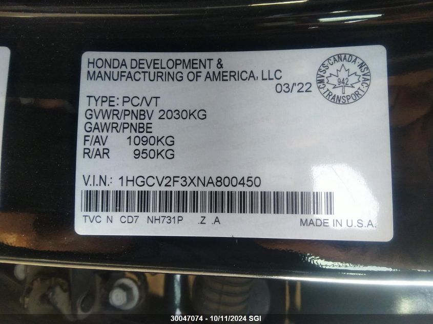 2022 Honda Accord Sport VIN: 1HGCV2F3XNA800450 Lot: 30047074