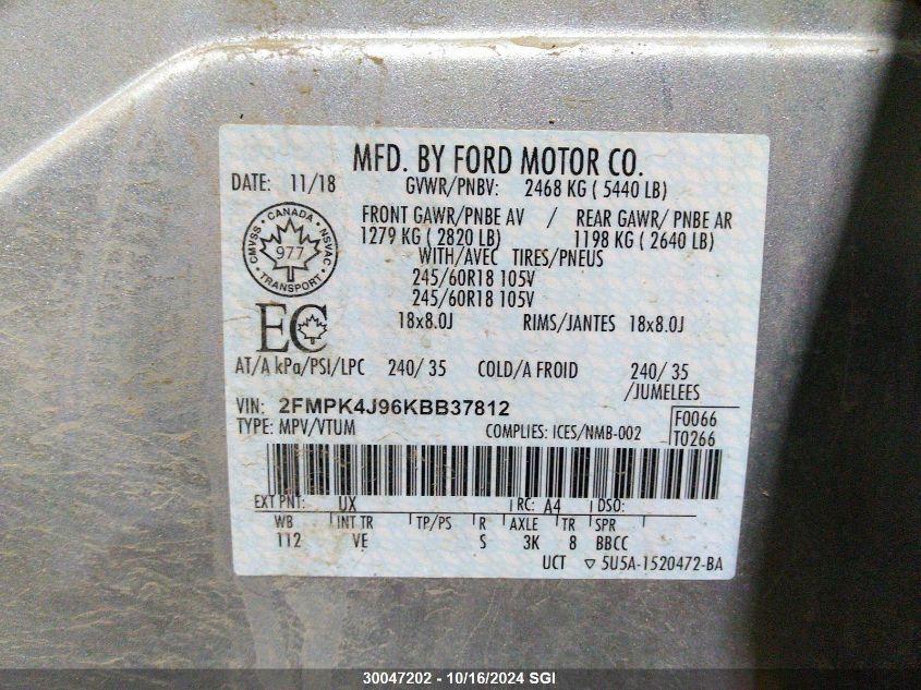 2019 Ford Edge Sel VIN: 2FMPK4J96KBB37812 Lot: 30047202